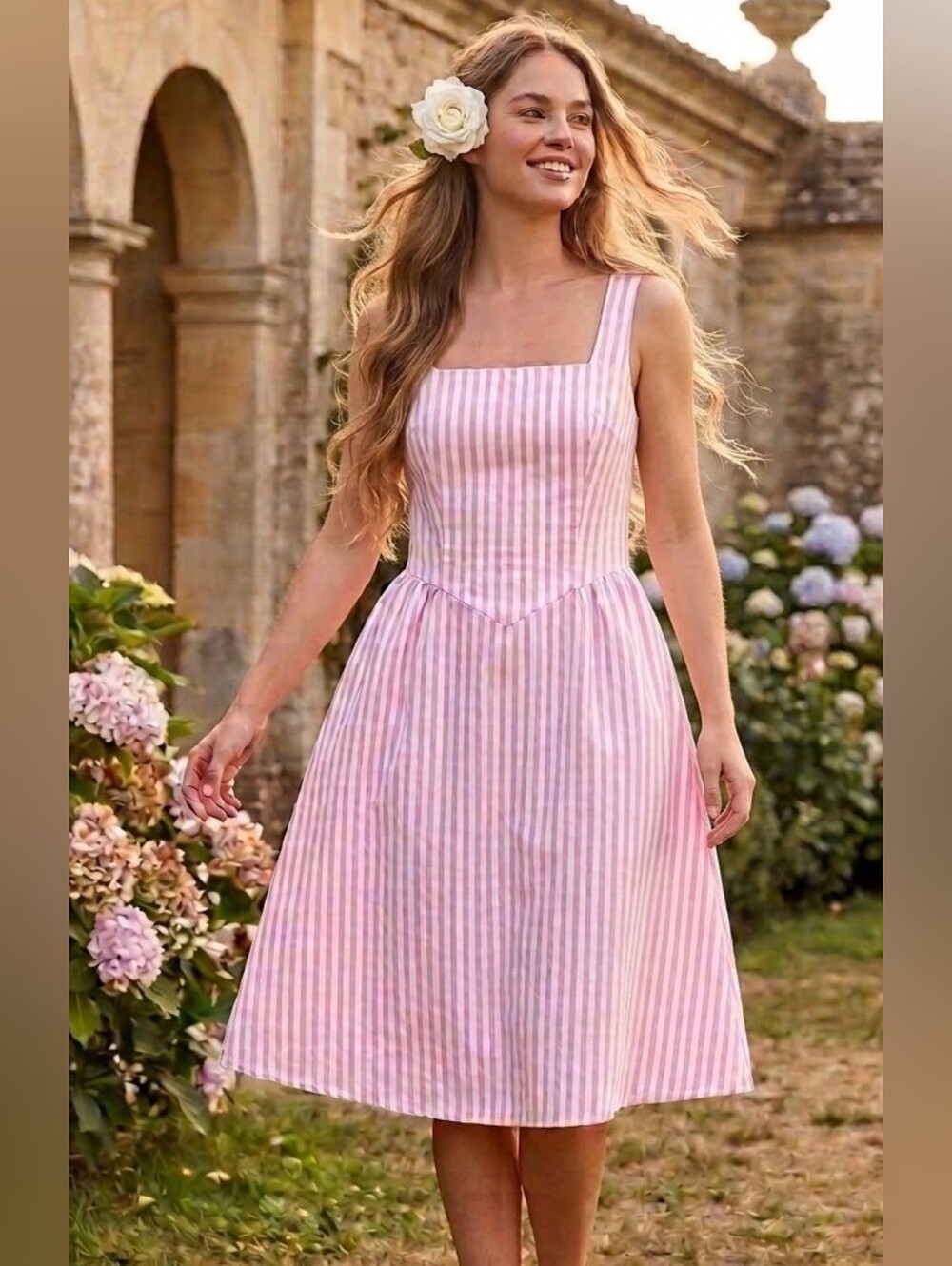 Vintage Style Pink & White Vertical Stripe A-Line Sundress